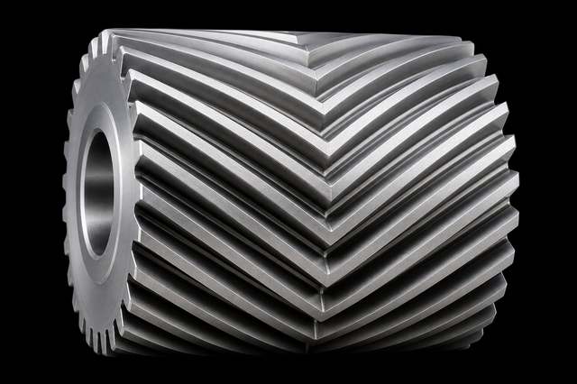Silver herringbone gears with V-shaped chevron teeth